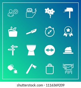 Modern, simple vector icon set on gradient background with sakura, letter, online, kettle, business, drink, celebration, tea, banner, fashion, steam, headwear, cup, flower, envelope, screwdriver icons