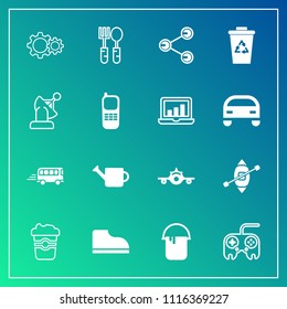 Modern, simple vector icon set on gradient background with can, drink, speed, equipment, garbage, spoon, kitchen, plane, cafe, web, airplane, technology, fork, painter, action, color, fashion icons