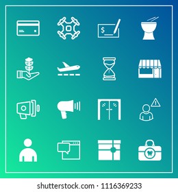 Modern, simple vector icon set on gradient background with speech, debit, care, message, alarm, plastic, online, drone, entrance, money, box, aerial, speaker, loud, door, pen, pay, boy, health icons