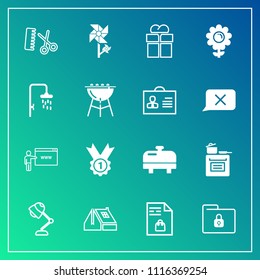 Modern, simple vector icon set on gradient background with house, spring, electricity, security, kitchen, cooking, file, fashion, equipment, boiler, present, award, home, giftbox, folder, hair icons