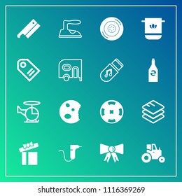 Modern, simple vector icon set on gradient background with technology, housework, farm, dentist, agriculture, information, bow, holiday, dessert, agricultural, transportation, doughnut, axe, tie icons