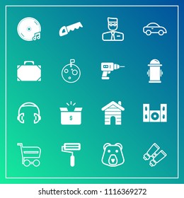 Modern, simple vector icon set on gradient background with nature, shop, roller, vision, glasses, trolley, wild, web, buy, building, construction, bear, house, search, package, container, market icons