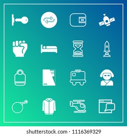 Modern, simple vector icon set on gradient background with wallet, object, web, clothing, website, japan, concept, replacement, finance, money, war, air, falling, baggage, substitute, transport icons