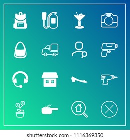 Modern, simple vector icon set on gradient background with drink, real, handle, emergency, bag, machine, home, danger, dish, audio, online, estate, alcohol, meal, music, camera, hand, bar, work icons