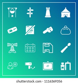Modern, simple vector icon set on gradient background with diskette, music, technology, campfire, station, dryer, machine, tent, care, tv, chess, business, game, television, scan, communication icons
