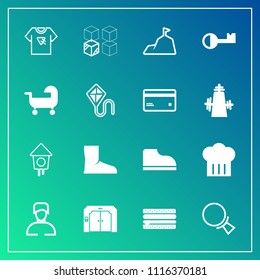 Modern, simple vector icon set on gradient background with footwear, nature, boot, print, find, home, debit, baby, search, cheeseburger, package, typography, mountain, replacement, birdhouse icons