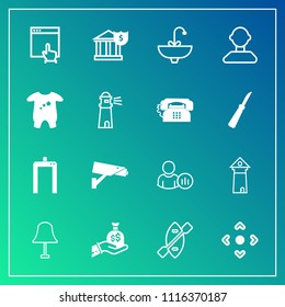 Modern, simple vector icon set on gradient background with technology, mouse, profile, canoe, button, finance, bank, status, machine, online, interior, sack, security, camera, male, europe, bag icons