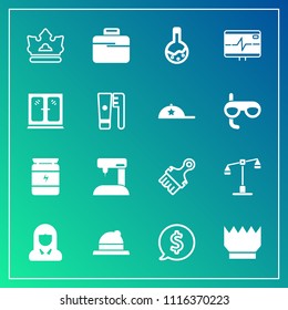Modern, simple vector icon set on gradient background with headwear, frame, woman, justice, , medicine, hat, business, furniture, circle, health, label, style, lady, young, tool, royal, law, bag icons