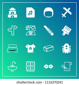Modern, simple vector icon set on gradient background with ufo, brick, pen, clothes, alien, building, sink, construction, pagoda, safe, baby, clothing, sign, hippie, child, monster, glasses, kid icons