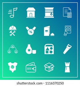Modern, simple vector icon set on gradient background with cardboard, work, package, people, clothing, sale, japanese, toy, female, musical, wallet, company, melody, hierarchy, money, sound, saw icons