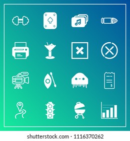 Modern, simple vector icon set on gradient background with paper, route, tripod, business, video, barbecue, music, traffic, river, light, grill, ufo, diagram, safety, water, road, finance, meat icons