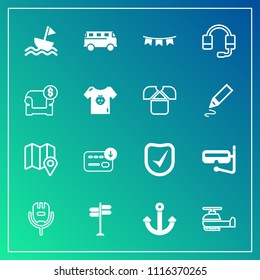 Modern, simple vector icon set on gradient background with technology, road, sack, aviation, helicopter, street, location, marine, happy, music, celebration, mask, yacht, transportation, call icons