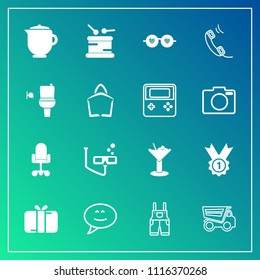 Modern, simple vector icon set on gradient background with box, chair, fashion, clothing, bubble, business, dumper, holiday, phone, vehicle, truck, instrument, uniform, cocktail, speech, dump icons