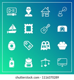 Modern, simple vector icon set on gradient background with architecture, label, fun, interface, holiday, sweet, price, house, happy, kid, laptop, sea, spring, soap, school, newborn, mobile, cake icons