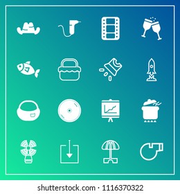 Modern, simple vector icon set on gradient background with disc, sport, referee, dish, disk, fashion, dentistry, clothing, web, travel, school, beacon, clinic, sign, bag, sun, umbrella, download icons