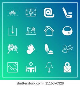 Modern, simple vector icon set on gradient background with bike, warm, food, profile, wheel, message, fashion, lollipop, calligraphy, pen, soccer, business, clothes, interior, travel, socks, map icons
