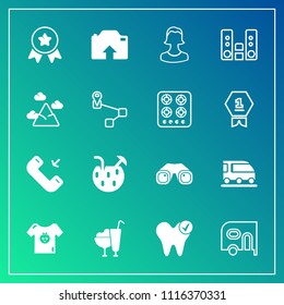 Modern, simple vector icon set on gradient background with photo, van, clothing, achievement, car, call, winner, ice, drink, place, dentist, cocktail, transport, glass, food, baby, sign, dental icons