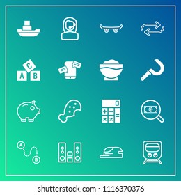 Modern, simple vector icon set on gradient background with cap, search, transport, office, find, vessel, position, accounting, calculator, railway, hat, center, skateboard, web, board, sound icons