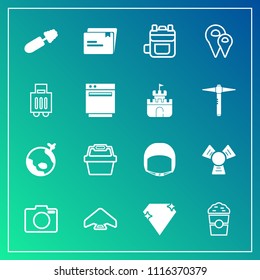 Modern, simple vector icon set on gradient background with mascara, white, shop, store, leather, camera, coffee, belt, jewel, document, photo, extreme, black, backpack, file, jump, world, travel icons