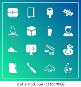 Modern, simple vector icon set on gradient background with file, fashion, seafood, book, page, brush, food, sushi, monitor, salmon, technology, jump, clean, paper, health, headwear, computer icons