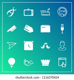 Modern, simple vector icon set on gradient background with jazz, screen, clinic, internet, luxury, click, pigeon, trumpet, king, crown, dentistry, watch, profile, web, dentist, extreme, human icons