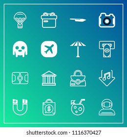 Modern, simple vector icon set on gradient background with europe, juice, extreme, tag, parachute, pitch, greek, knife, object, gift, download, pole, greece, present, bag, sport, leather, style icons