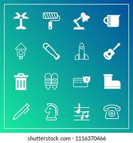 Modern, simple vector icon set on gradient background with music, chess, sound, coin, cell, business, money, home, roll, table, write, chessboard, note, style, telephone, fashion, bank, recycle icons