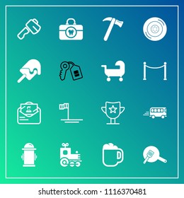 Modern, simple vector icon set on gradient background with train, win, success, road, hammer, food, reward, department, sign, drink, clean, prize, transportation, cup, speed, beach, axe, hygiene icons