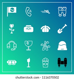 Modern, simple vector icon set on gradient background with support, fashion, cafe, cell, headset, france, microphone, holder, sea, paris, travel, cap, shattered, wine, summer, tower, asia, white icons