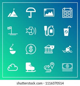 Modern, simple vector icon set on gradient background with spoon, label, circle, cloud, route, safety, skating, nature, sport, cash, weather, coin, finance, rain, money, map, timetable, meal icons