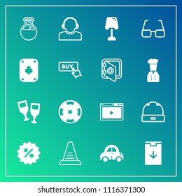 Modern, simple vector icon set on gradient background with money, sale, media, center, up, team, tool, step, price, web, home, automobile, service, technology, ladder, red, lamp, glass, online icons