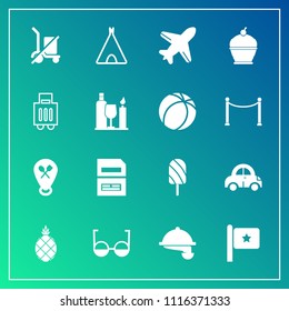Modern, simple vector icon set on gradient background with data, save, national, tent, pineapple, nation, vehicle, shipping, automobile, plane, america, travel, restaurant, cake, aircraft, eye icons