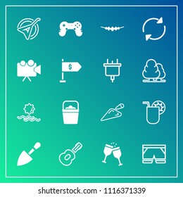 Modern, simple vector icon set on gradient background with landscape, shorts, sun, juice, construction, nature, fashion, guitar, game, bucket, screen, wear, play, object, wine, projector, folk icons
