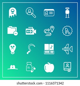 Modern, simple vector icon set on gradient background with sound, alien, healthy, music, online, pharmacy, location, restaurant, sickle, monster, garden, vitamin, account, texas, book, identity icons