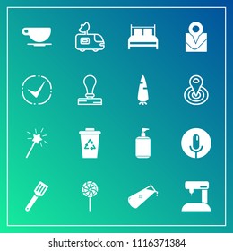 Modern, simple vector icon set on gradient background with van, record, cafe, waste, sweet, garbage, trash, tv, map, coffee, fashion, chemistry, magic, travel, satellite, equipment, chemical icons