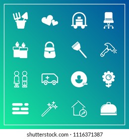 Modern, simple vector icon set on gradient background with restaurant, people, hotel, boy, sand, love, heart, bellboy, standing, home, service, background, wand, white, table, plastic, nature icons