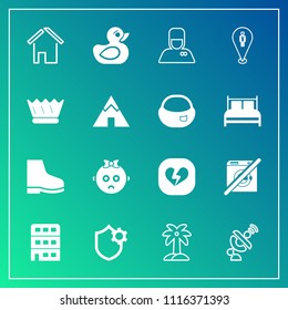 Modern, simple vector icon set on gradient background with hotel, summer, rubber, baby, broken, uniform, building, hospitality, heart, wash, internet, dont, architecture, toy, palm, home, estate icons