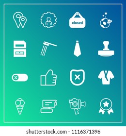 Modern, simple vector icon set on gradient background with ball, award, store, account, sign, video, search, turn, security, protection, first, ice, winner, handle, tv, cream, camera, pin, food icons