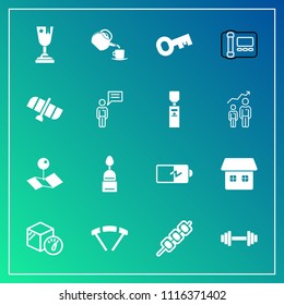 Modern, simple vector icon set on gradient background with office, business, equipment, fitness, electricity, winner, award, jump, pin, cup, barbecue, weight, pointer, full, place, grilled, cake icons