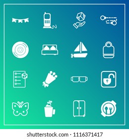 Modern, simple vector icon set on gradient background with cargo, delivery, fly, plate, kid, telephone, cupboard, cabinet, box, butterfly, lock, home, floral, interior, nature, glasses, table icons