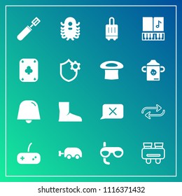 Modern, simple vector icon set on gradient background with chat, baby, boot, musical, kitchen, sport, music, pan, security, spy, concept, monster, cooking, luggage, sign, fiction, travel, mask icons