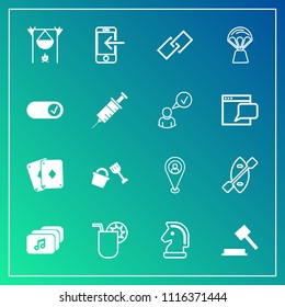 Modern, simple vector icon set on gradient background with bonfire, play, technology, law, boat, fireplace, horse, game, canoe, sky, justice, oar, music, transfer, cocktail, balloon, file, link icons