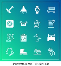 Modern, simple vector icon set on gradient background with red, headset, microphone, technology, fun, garden, leather, vehicle, makeup, road, hood, bedroom, autumn, location, footwear, dish, sky icons