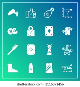 Modern, simple vector icon set on gradient background with light, beacon, musical, beauty, camera, tower, travel, ocean, office, pepper, fashion, seasoning, transport, poker, lighthouse, perfume icons