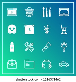 Modern, simple vector icon set on gradient background with drink, fork, vehicle, liquid, global, glass, bottle, post, car, astronomy, perfume, sound, satellite, mail, online, blank, headphone icons