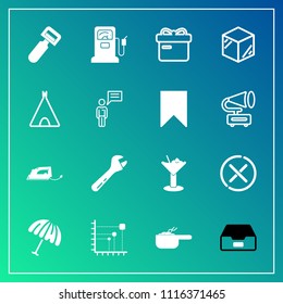 Modern, simple vector icon set on gradient background with business, file, box, gas, alcohol, station, protection, food, meal, fuel, ribbon, work, no, data, electric, vegetable, tool, equipment icons
