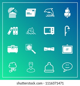 Modern, simple vector icon set on gradient background with profile, message, find, cap, document, home, pie, wildlife, avatar, head, human, entertainment, search, business, fashion, projector icons