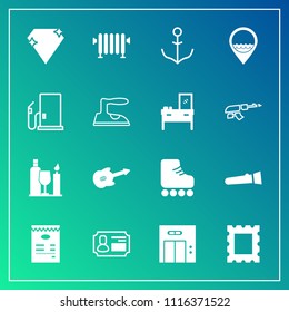 Modern, simple vector icon set on gradient background with jewel, alcohol, elevator, border, frame, nautical, id, music, torch, modern, wheel, card, musical, entrance, office, light, rudder, fun icons