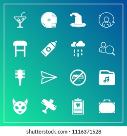 Modern, simple vector icon set on gradient background with dentist, conditioner, hat, internet, circus, fashion, fiction, juice, alien, file, summer, disc, monster, airplane, brush, travel, ufo icons