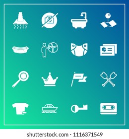 Modern, simple vector icon set on gradient background with kitchen, patriotism, hood, oar, bathroom, clothing, camera, shirt, sausage, wind, dinner, location, music, audio, utensil, queen, no icons